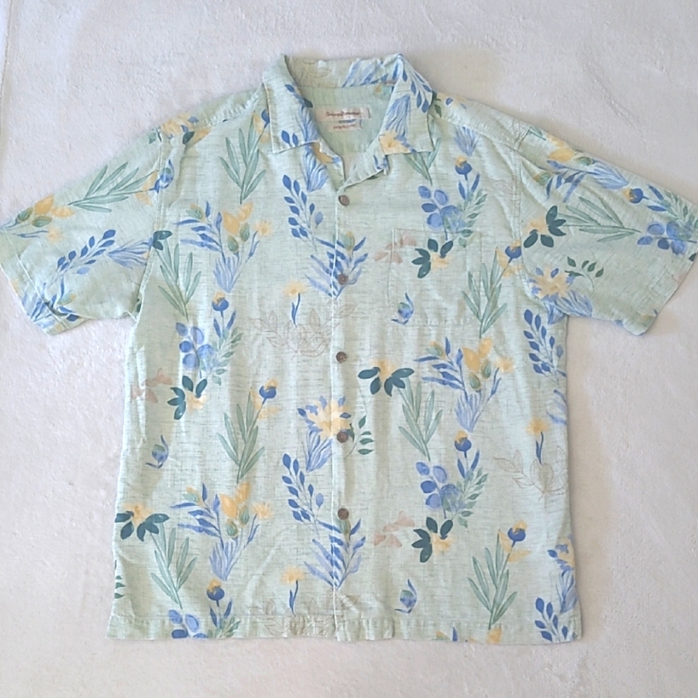 Tommy Bahama Mens L Silk Shirt Original Fit Hawaiian Camp Floral Print Tropical